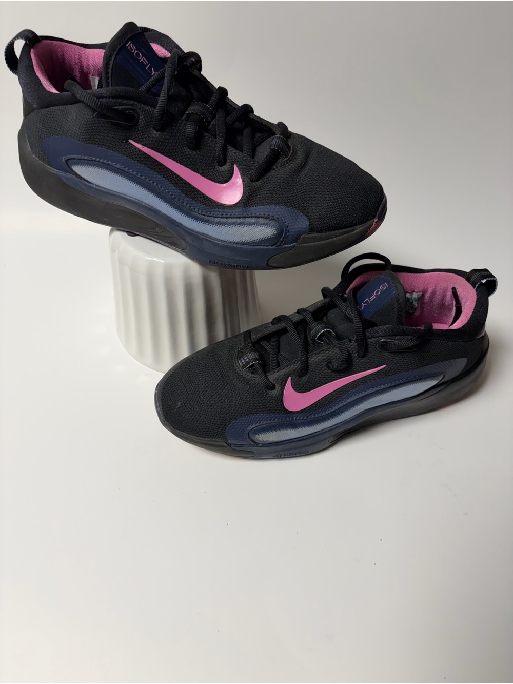 Nike Isofly Kids Black Sneakers with Pink Swoosh and Navy Accents
